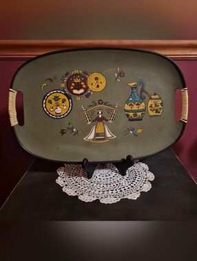 Handpainted Folk Art Decorative Tray in Olive, Yellow & Teal